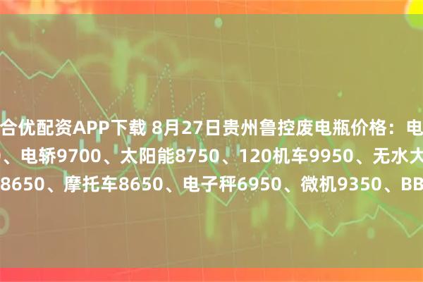 合优配资APP下载 8月27日贵州鲁控废电瓶价格：电动9900、电信9350、电轿9700、太阳能8750、120机车9950、无水大白9750、小黑皮8650、摩托车8650、电子秤6950、微机9350、BB机4850、手提灯3300、无水统货9900、扣水小黑皮10150。（单位：元/吨）